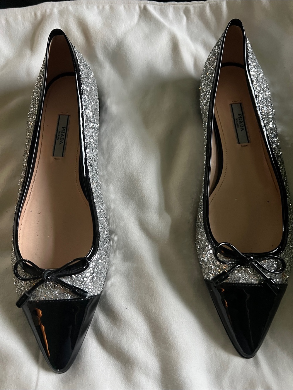 Prada Silver Glitter and Black Patent Pointed Ballet Flats